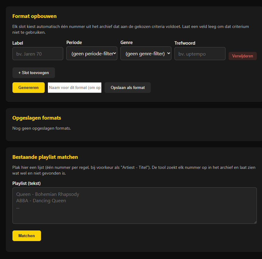 Playlistgenerator waarin per slot een periode, genre en trefwoord wordt gekozen.